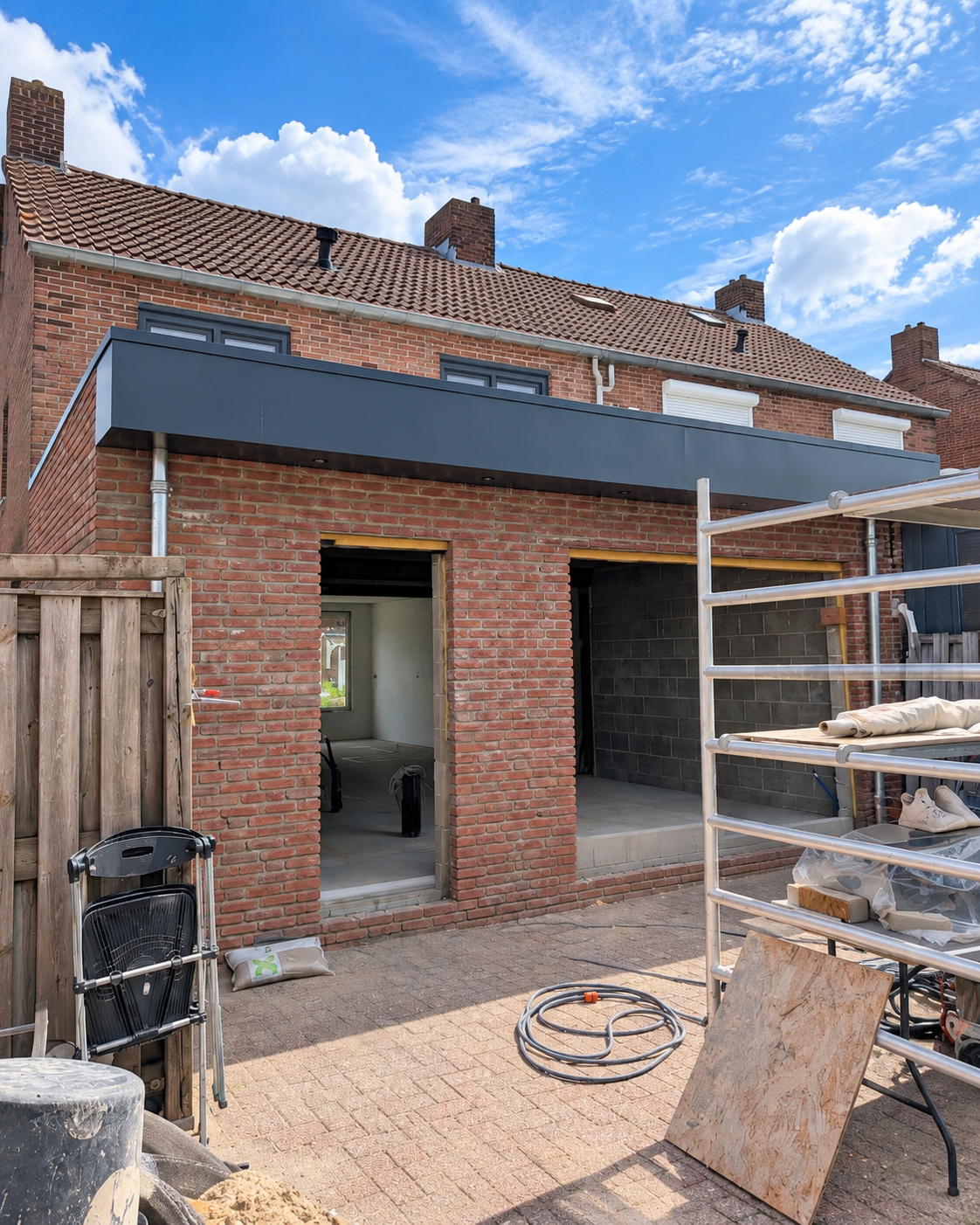 Zwart-wit silhouet van een man op betonnen constructie met hoge stalen staven en omheining.
